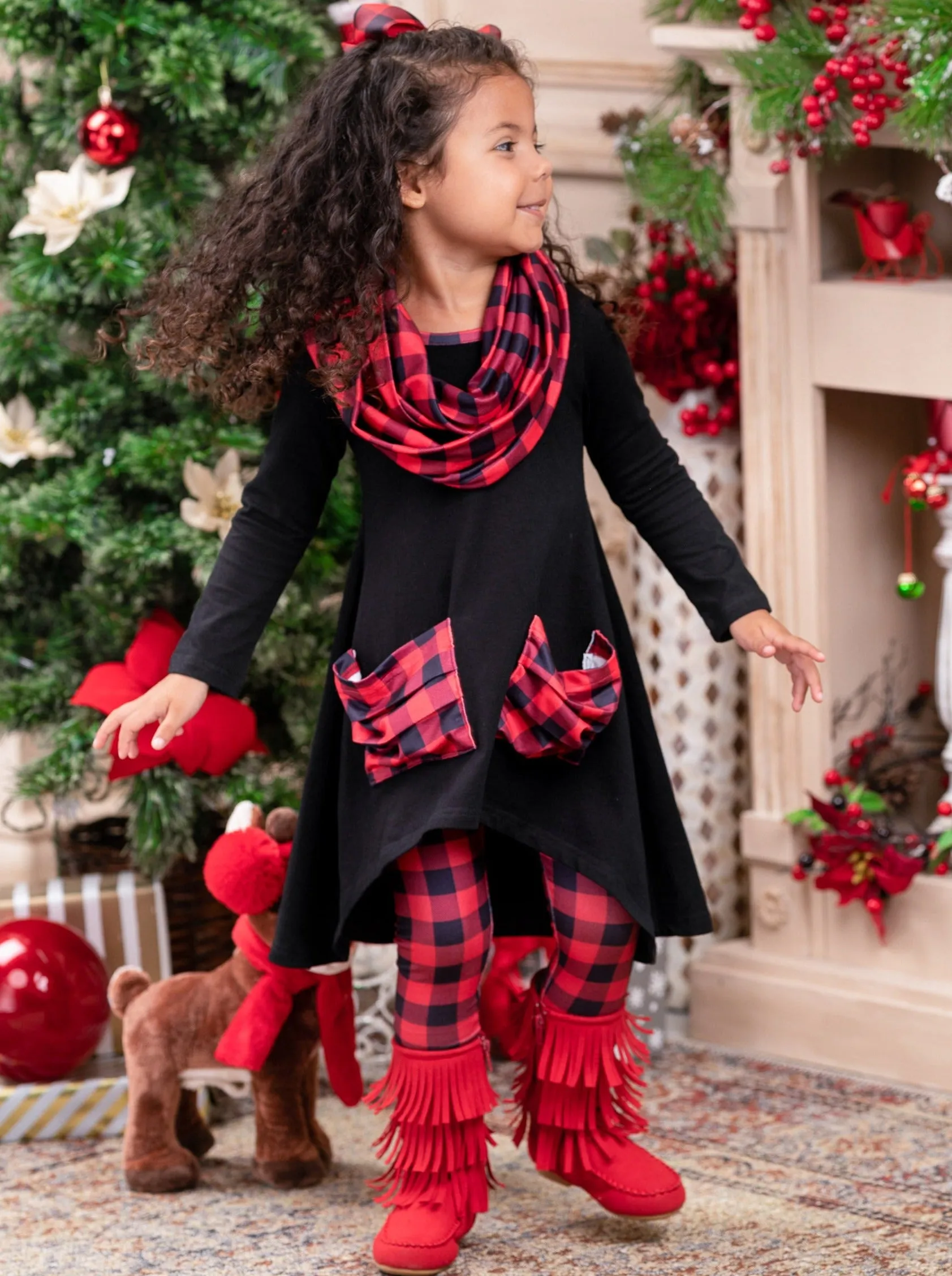 Pretty Plaid Slouch Pocket Tunic, Leggings And Scarf Set