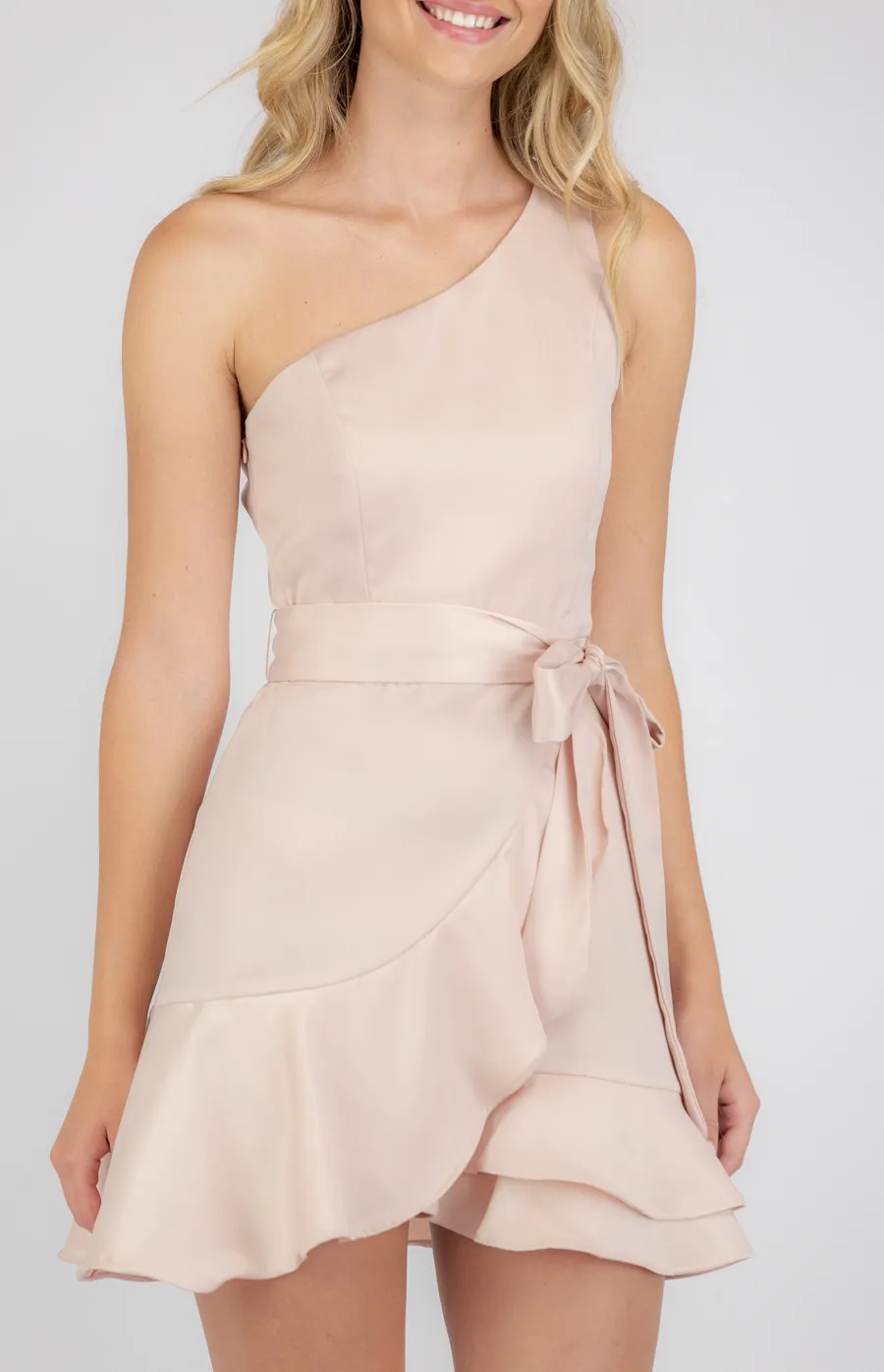 Satin One Shoulder Mini Dress with Ruffle Hem (SDR736A)