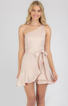 Satin One Shoulder Mini Dress with Ruffle Hem (SDR736A)