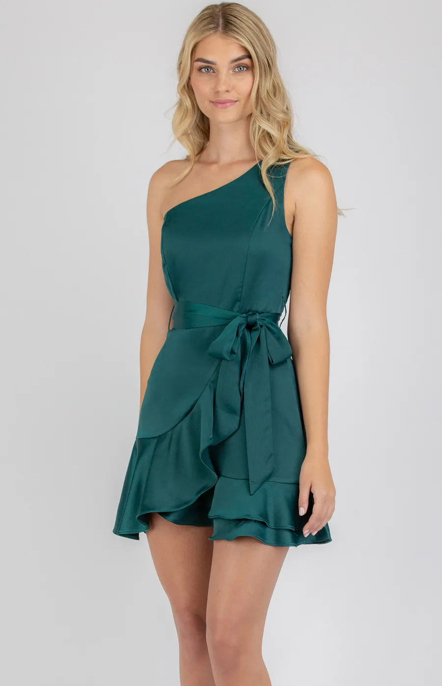 Satin One Shoulder Mini Dress with Ruffle Hem (SDR736A)