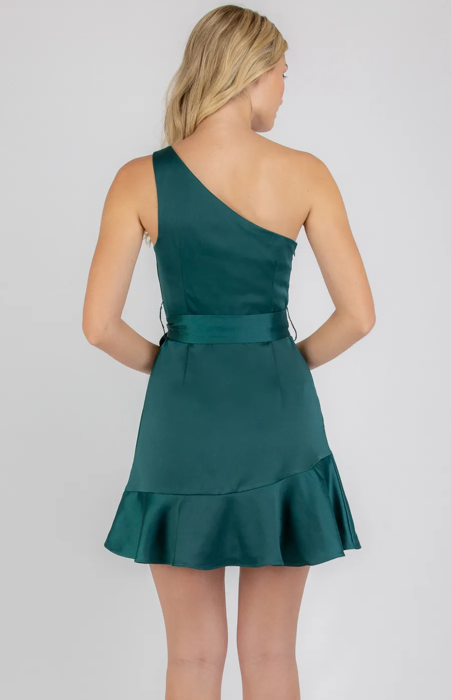 Satin One Shoulder Mini Dress with Ruffle Hem (SDR736A)