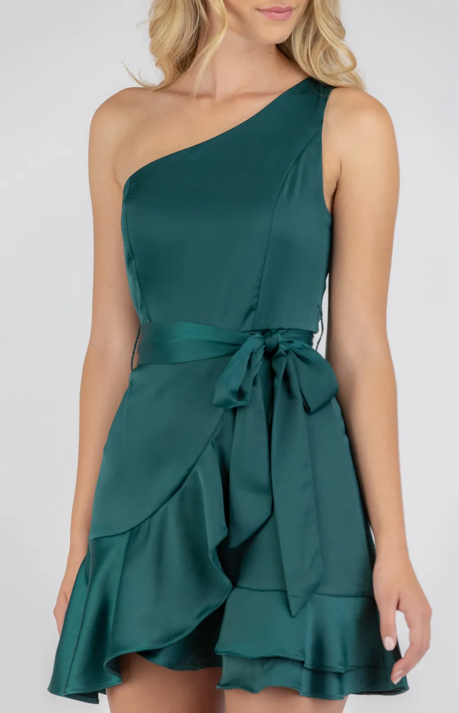 Satin One Shoulder Mini Dress with Ruffle Hem (SDR736A)