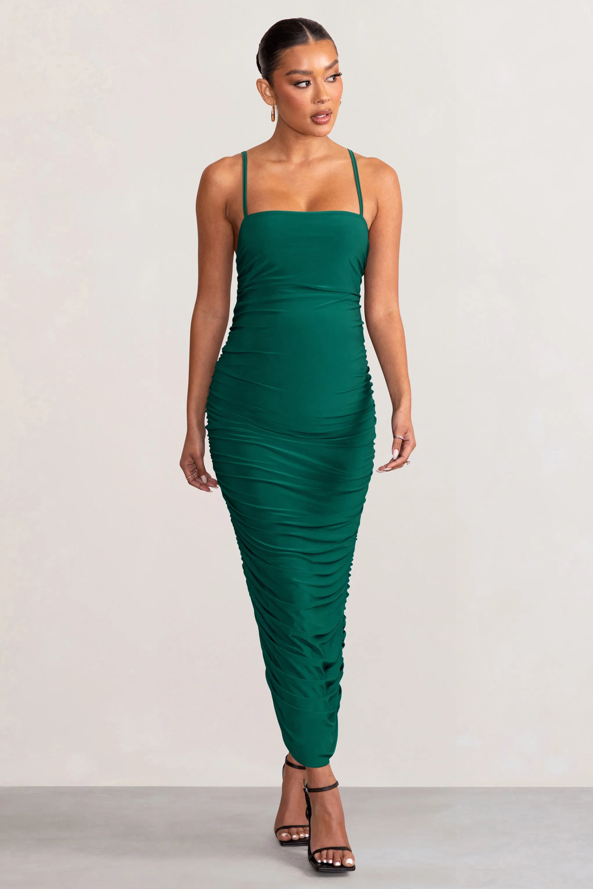 Sentimental | Bottle Green Maternity Midi Dress with Cami Straps and Ruching