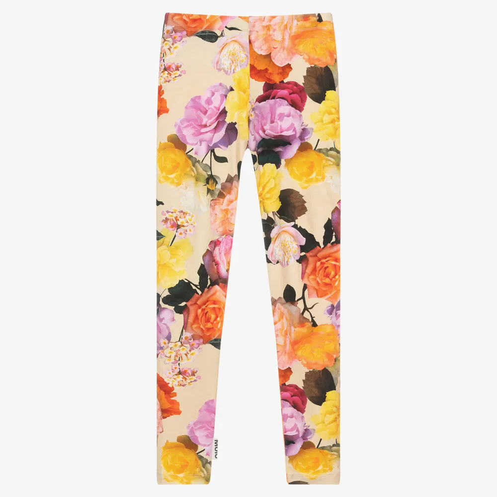 Teen Girls Beige Cotton Floral Leggings