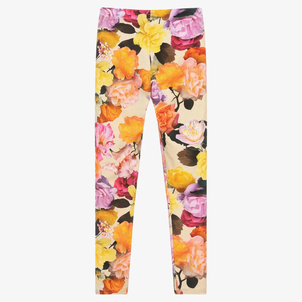 Teen Girls Beige Cotton Floral Leggings