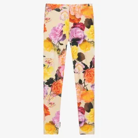 Teen Girls Beige Cotton Floral Leggings