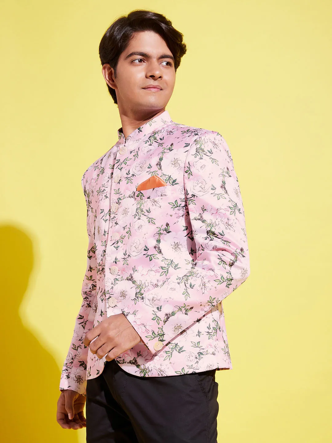 VASTRAMAY Boy's Floral Printed Pink Bandhgala Prince Coat Jodhpuri