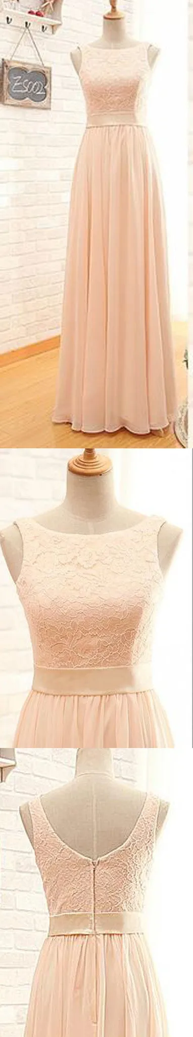 Vintage Long Column  Lace Top Bateau Neck Sleeveless Blush Pink Zipper Back Maxi Bridesmaid Dresses, WG15