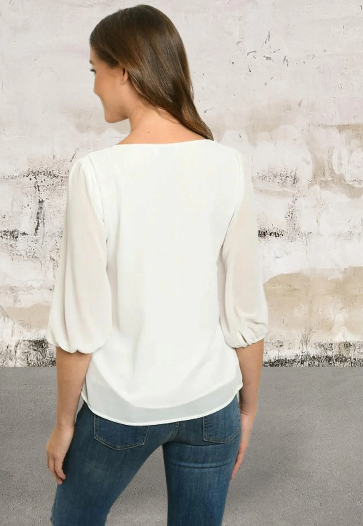 White half puff sleeve scoop neck top