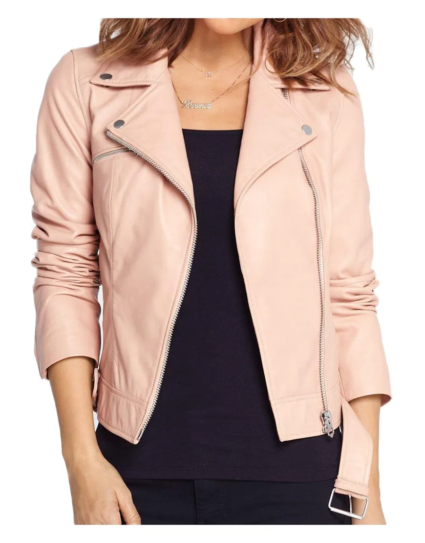 Women's Asymmetrical Baby Pink Leather Jacket - UJackets