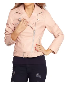 Women's Asymmetrical Baby Pink Leather Jacket - UJackets