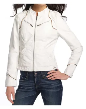 Women's Casual Wear White Faux Leather Scuba Jacket - UJackets