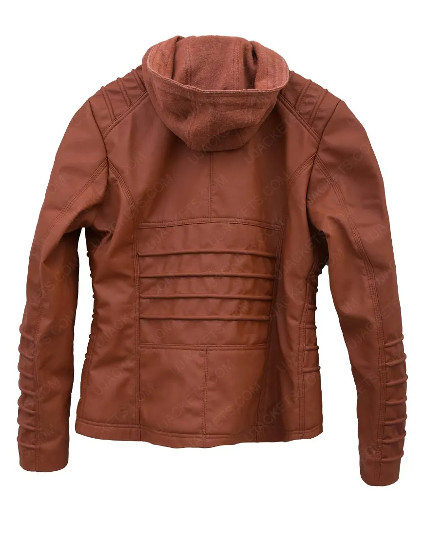 Womens Brown Faux Leather Hooded Jacket - Womens Hooded Jacket