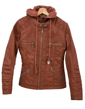 Womens Brown Faux Leather Hooded Jacket - Womens Hooded Jacket