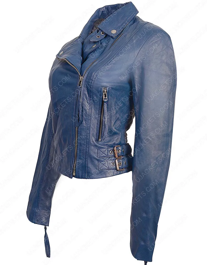 Womens Lambskin Jacket - Blue Leather Biker Jacket