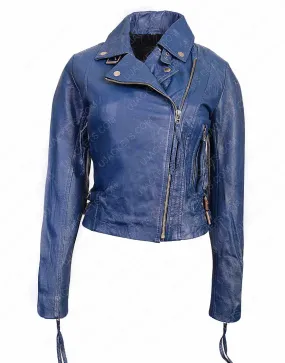 Womens Lambskin Jacket - Blue Leather Biker Jacket