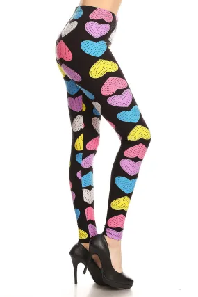 Women's Plus Pink Yellow Blue Big hearts Pattern Printed Leggings