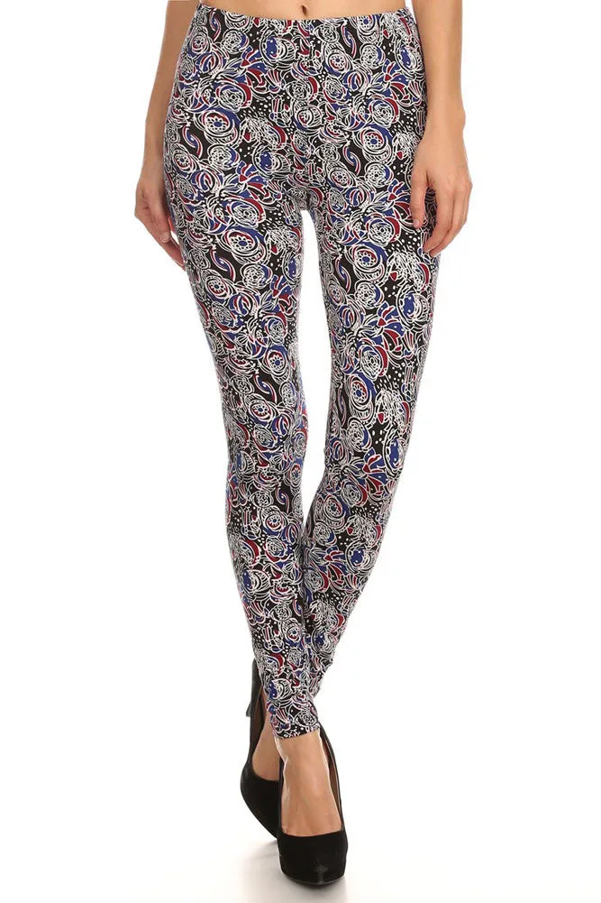 Women's Regular Colorful Abstract Flower Pattern Print Leggings - Black Blue Red