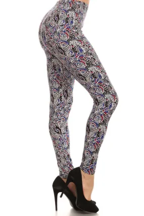 Women's Regular Colorful Abstract Flower Pattern Print Leggings - Black Blue Red