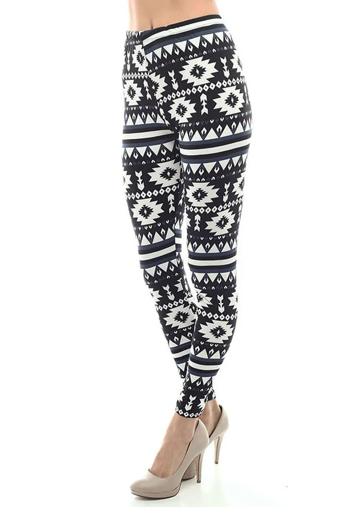 Women's Regular Navajo and Stripe Pattern Print Leggings - Black White