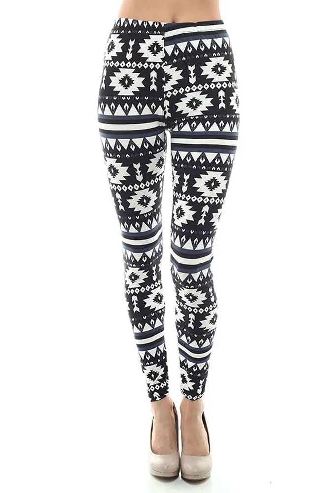 Women's Regular Navajo and Stripe Pattern Print Leggings - Black White