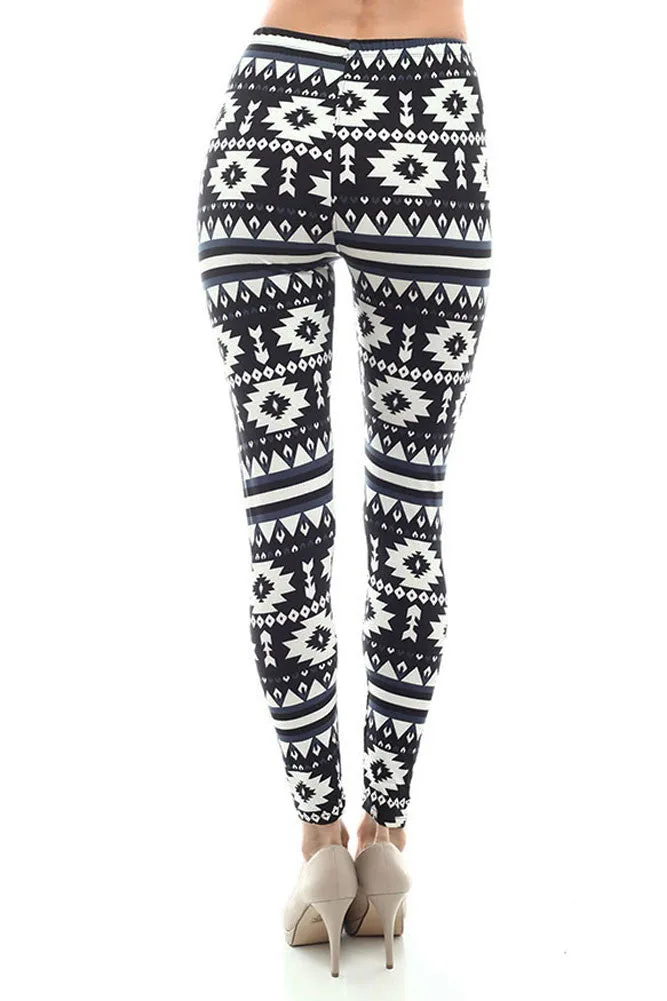 Women's Regular Navajo and Stripe Pattern Print Leggings - Black White