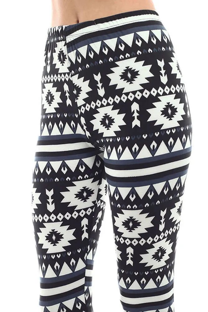 Women's Regular Navajo and Stripe Pattern Print Leggings - Black White