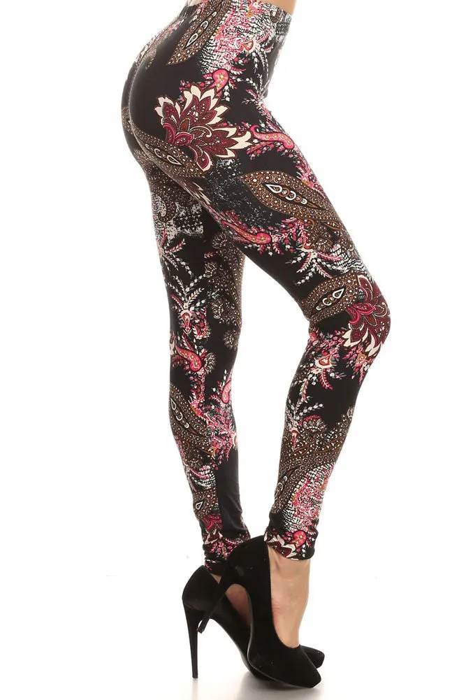 Women's Regular Ornate Big Flower Pattern Print Leggings - Black Pink