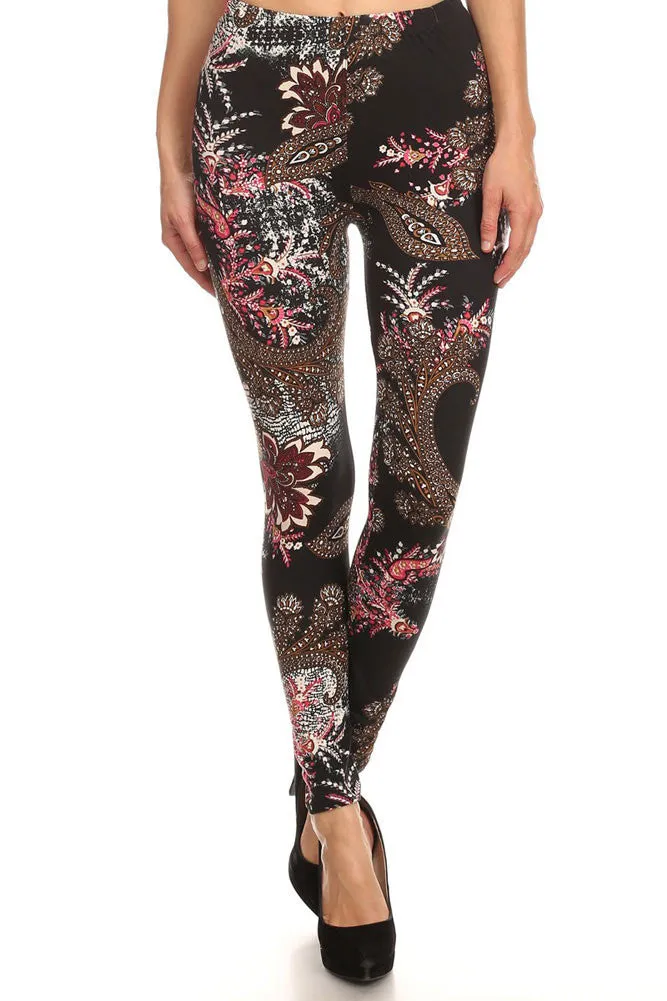 Women's Regular Ornate Big Flower Pattern Print Leggings - Black Pink