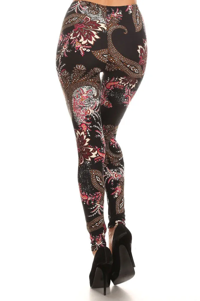 Women's Regular Ornate Big Flower Pattern Print Leggings - Black Pink