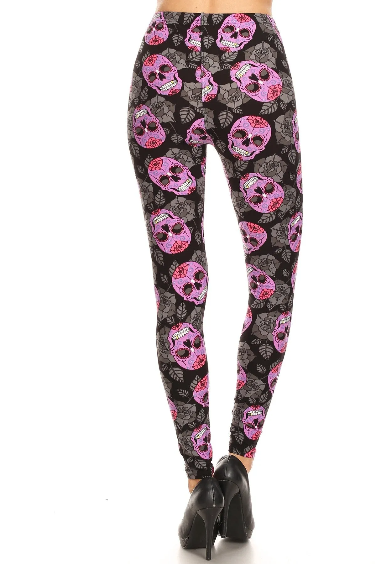 Women's Regular Purple Sugar Skull Floral Pattern Print Leggings