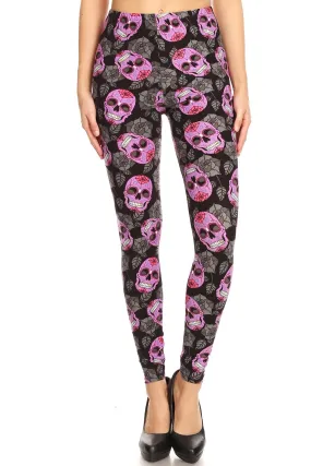 Women's Regular Purple Sugar Skull Floral Pattern Print Leggings