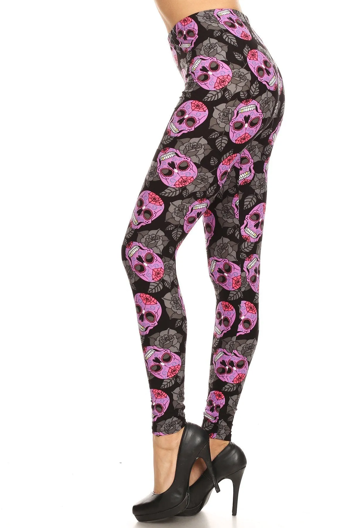 Women's Regular Purple Sugar Skull Floral Pattern Print Leggings