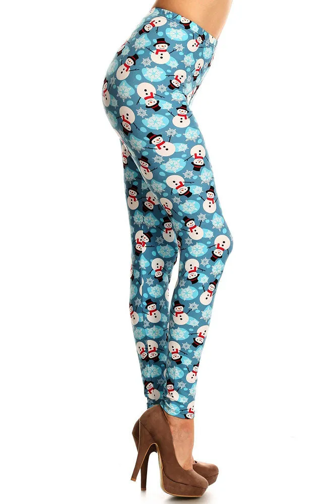 Women's Regular Snowman & Snowflakes Printed Leggings - Christmas Gift