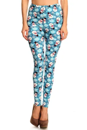 Women's Regular Snowman & Snowflakes Printed Leggings - Christmas Gift