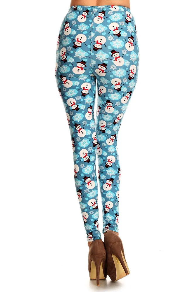 Women's Regular Snowman & Snowflakes Printed Leggings - Christmas Gift