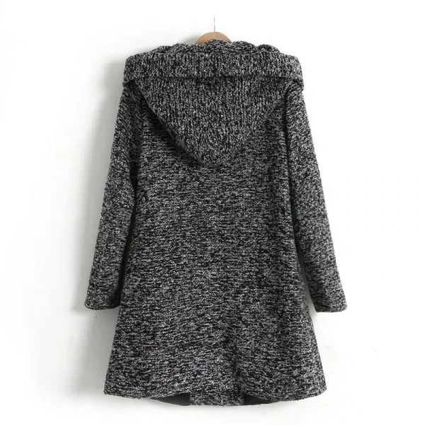 Woven Wool Coat for Women with Hooded Collar and Single Outer Button