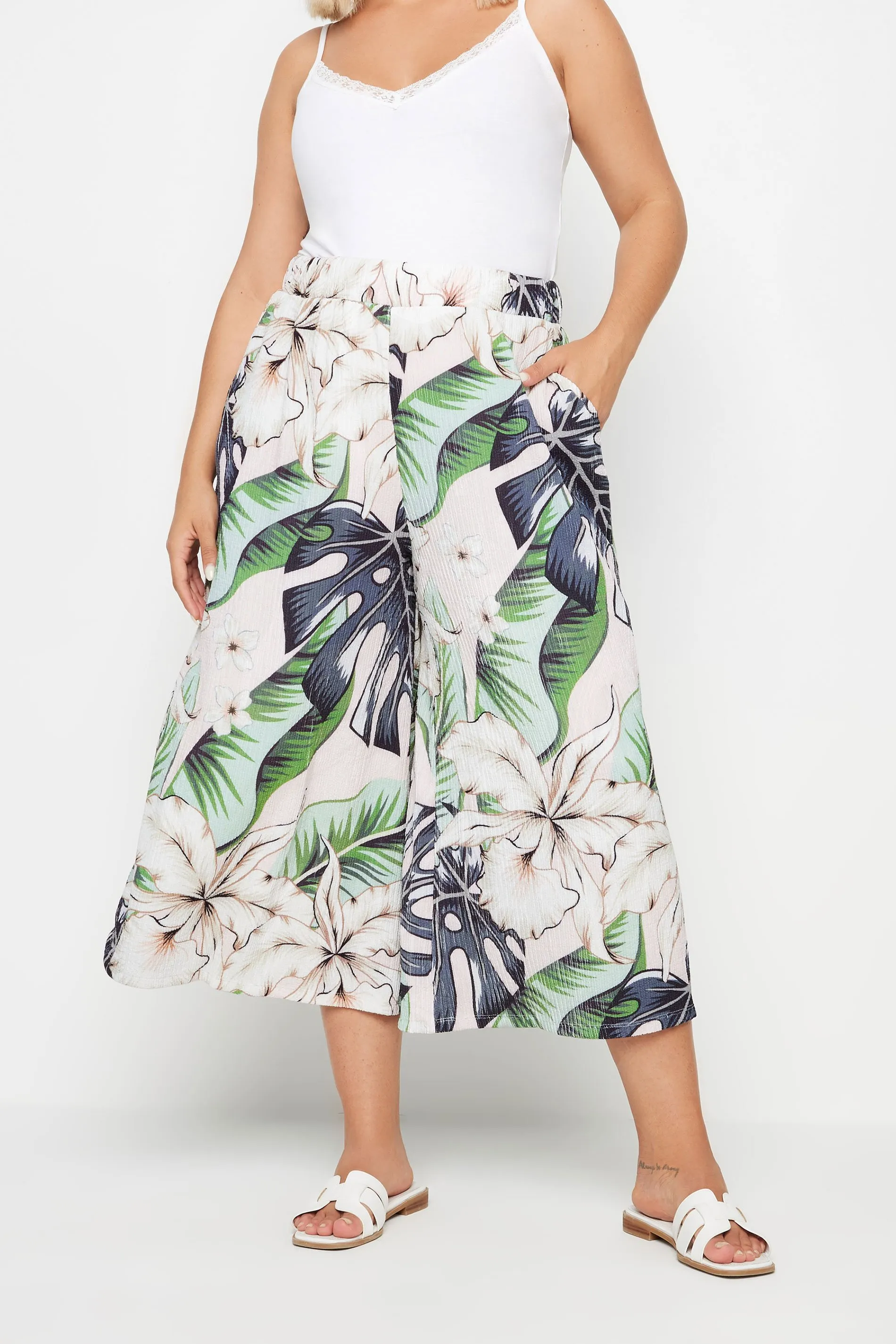 YOURS Curve Pink Tropical Print Wide Leg Cropped Trousers