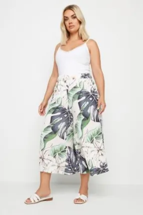 YOURS Curve Pink Tropical Print Wide Leg Cropped Trousers