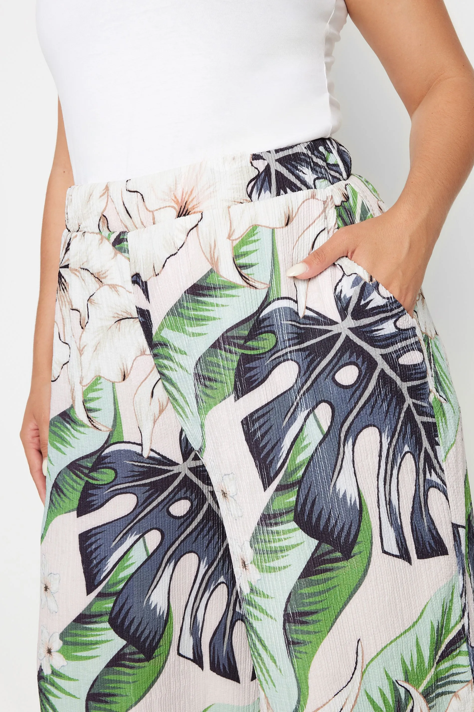 YOURS Curve Pink Tropical Print Wide Leg Cropped Trousers